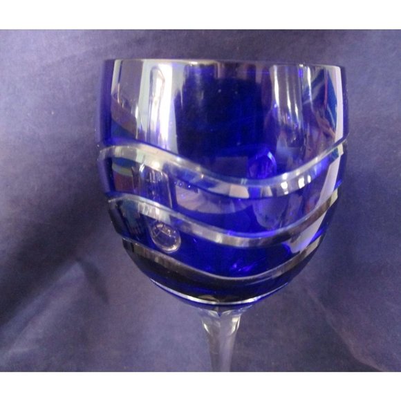 Cobalt Cut to Clear Wavy Lines Crystal Bohemian Wine Glass Unmarked Flawed - Picture 6 of 16